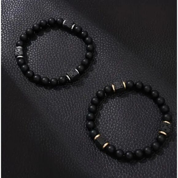 Round Square Diffuser Genuine Lava Stone Silver Men's Stretch Bead Bracelet - Picture 2 of 4